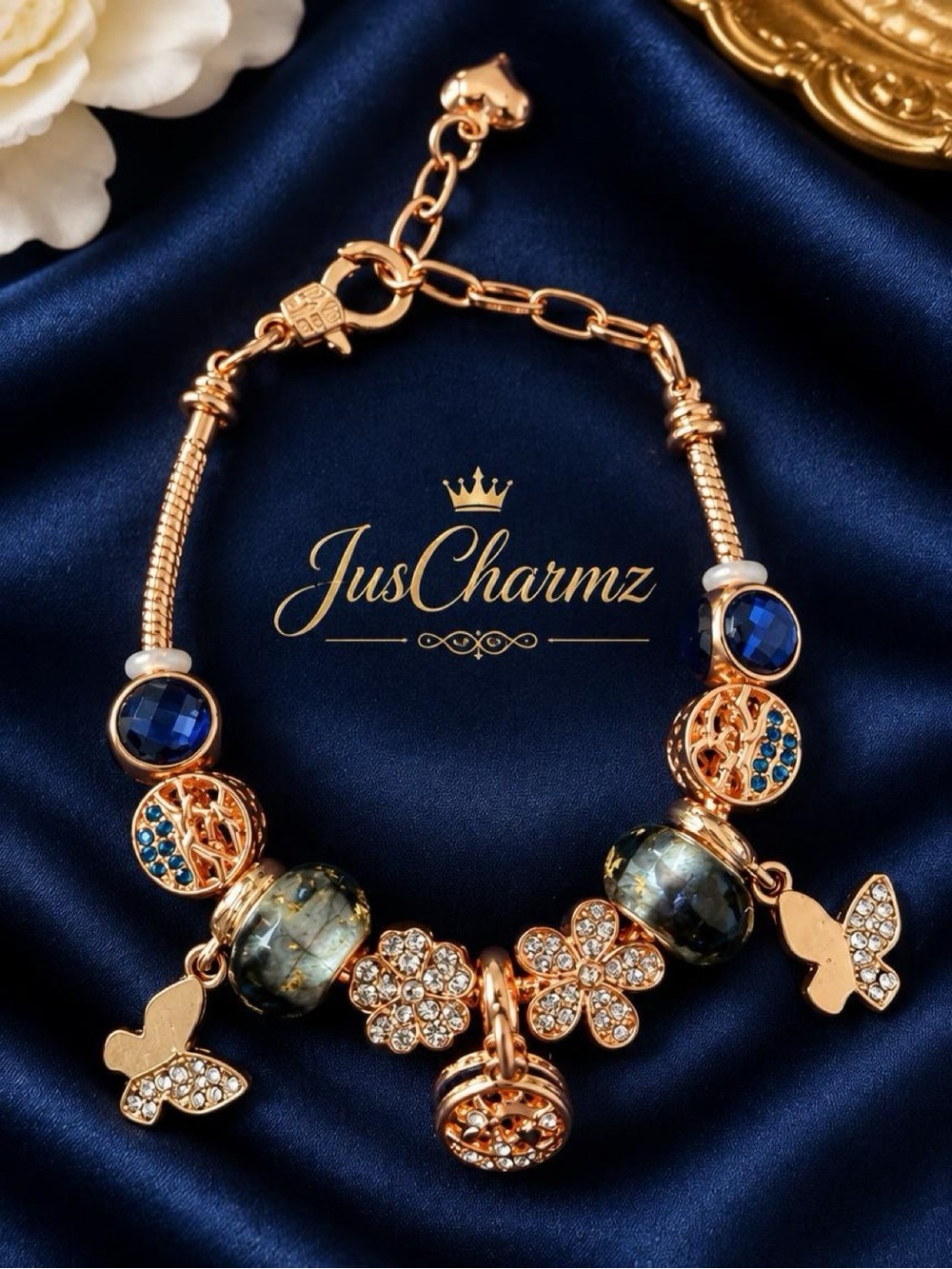 Rose Gold Blue Crystal Charm Bracelet